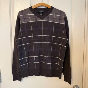 ALFRED SUNG V-Neck Sweater in Brown and Gray Plaid Size Large Cashmere Blend